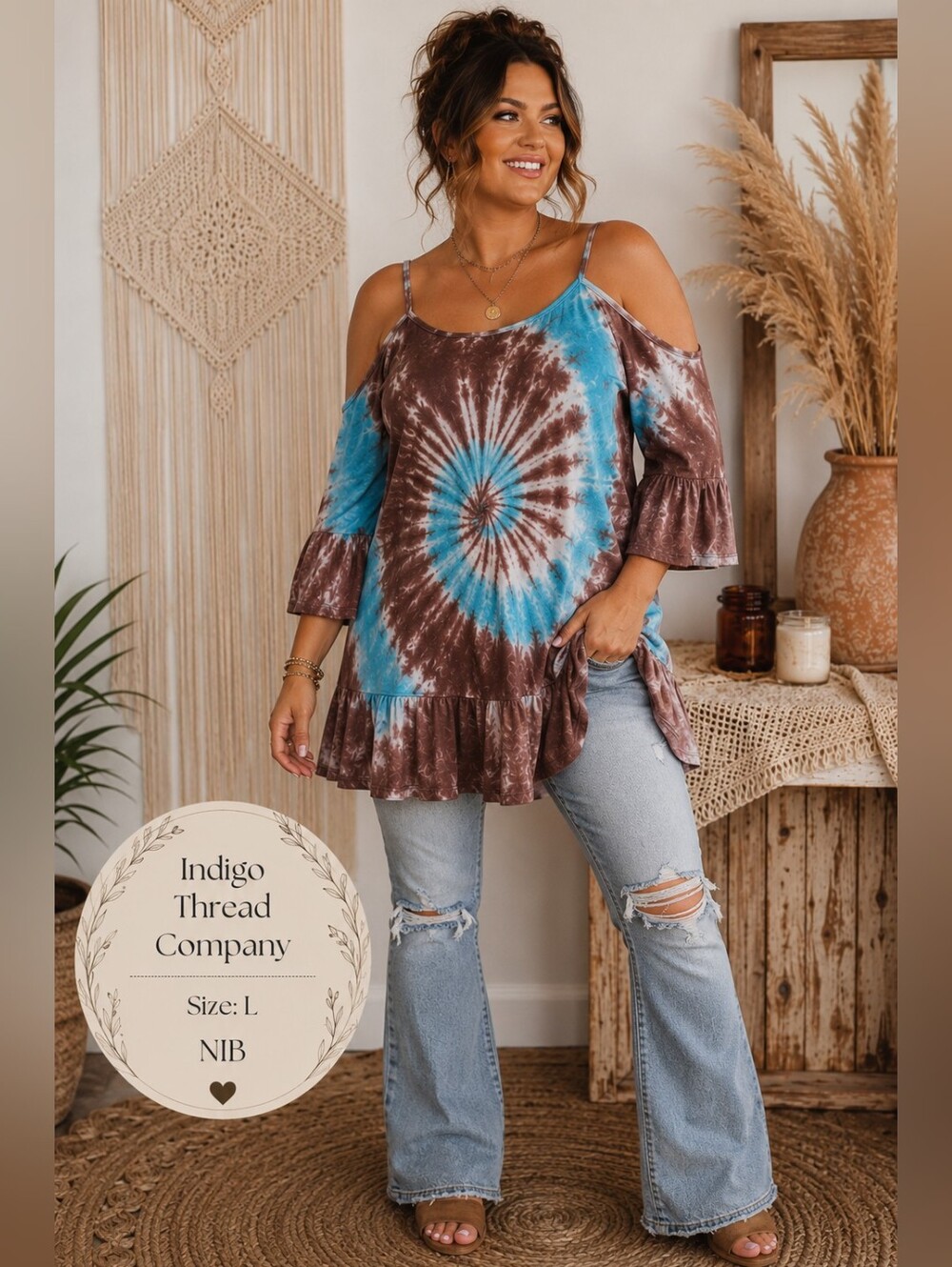 Indigo Thread Co. NIB Tie-Dye Ruffle Tunic | Size L | Boho Bell Sleeve Top